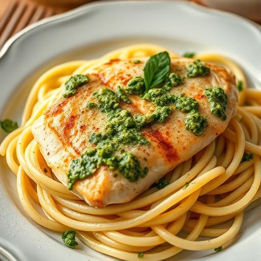 Chicken breast with creamy pesto pasta
